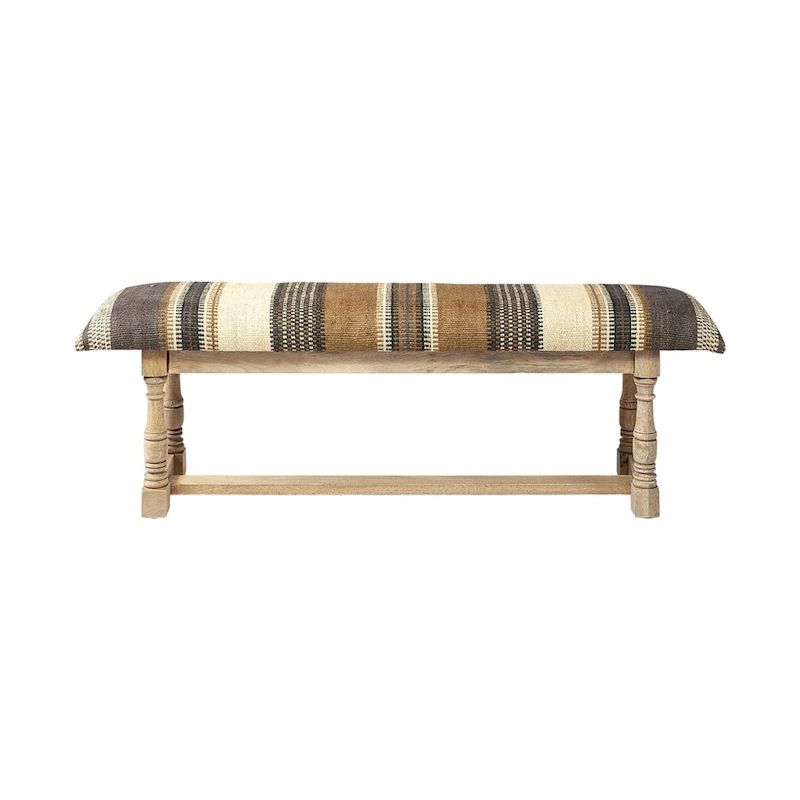 HomeRoots 59 Beige and Gray and Brown Upholstered Jute Striped Bench - 59