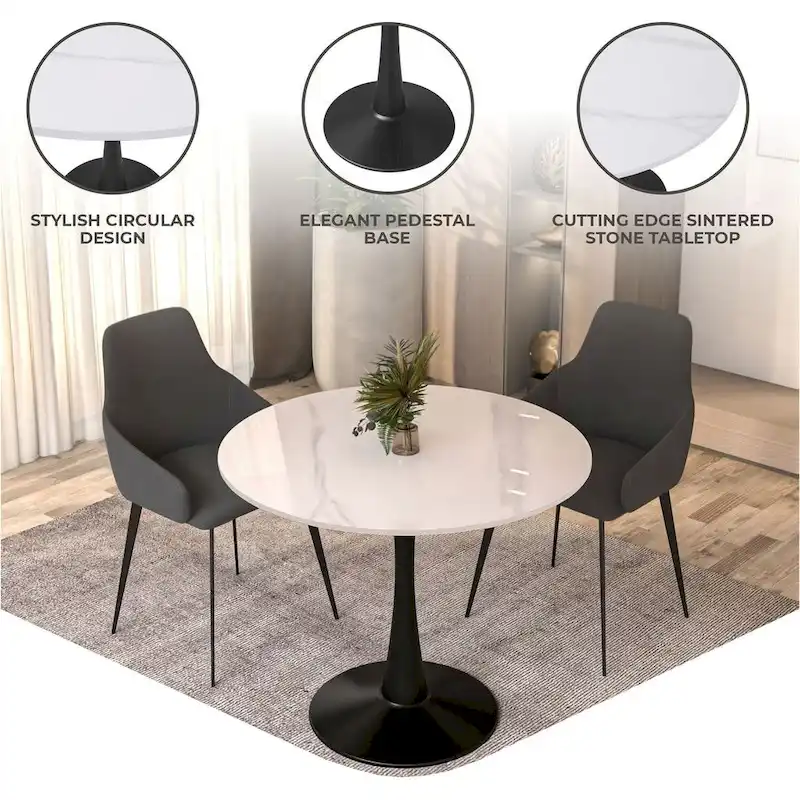 35in Round Dining Table with Sintered Stone Tabletop, Black Steel Pedestal Base, Scratch-Resistant