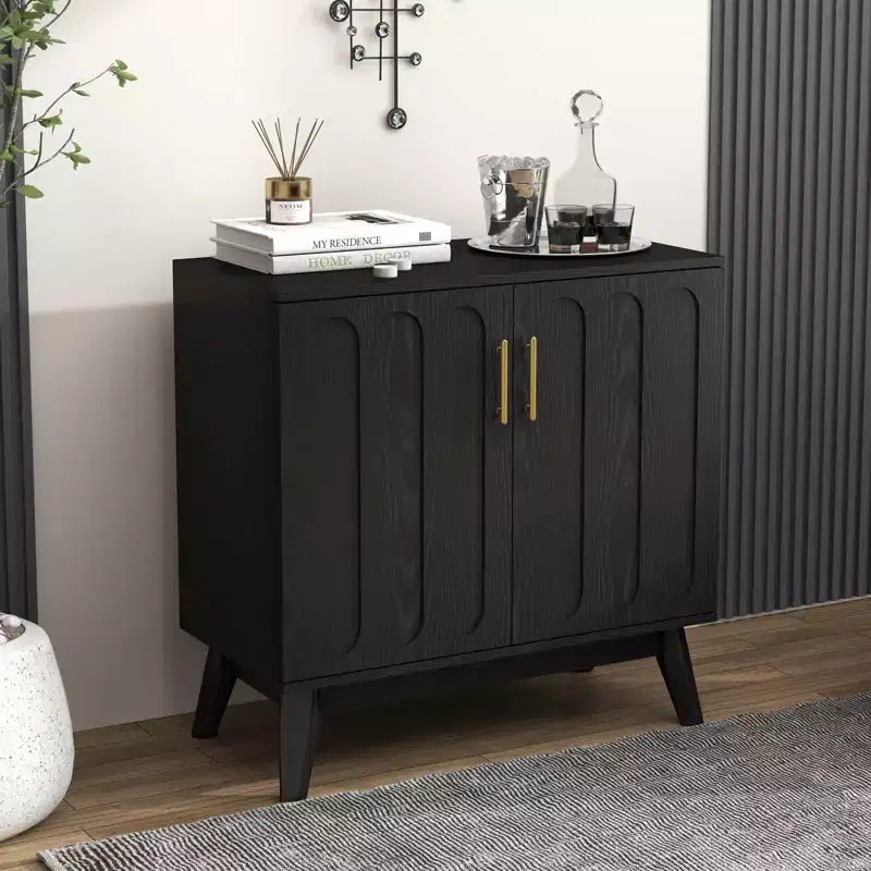 A mid-century modern style recessed sideboard with an adjustable lift rod and solid wood legs, suitable for the living room.