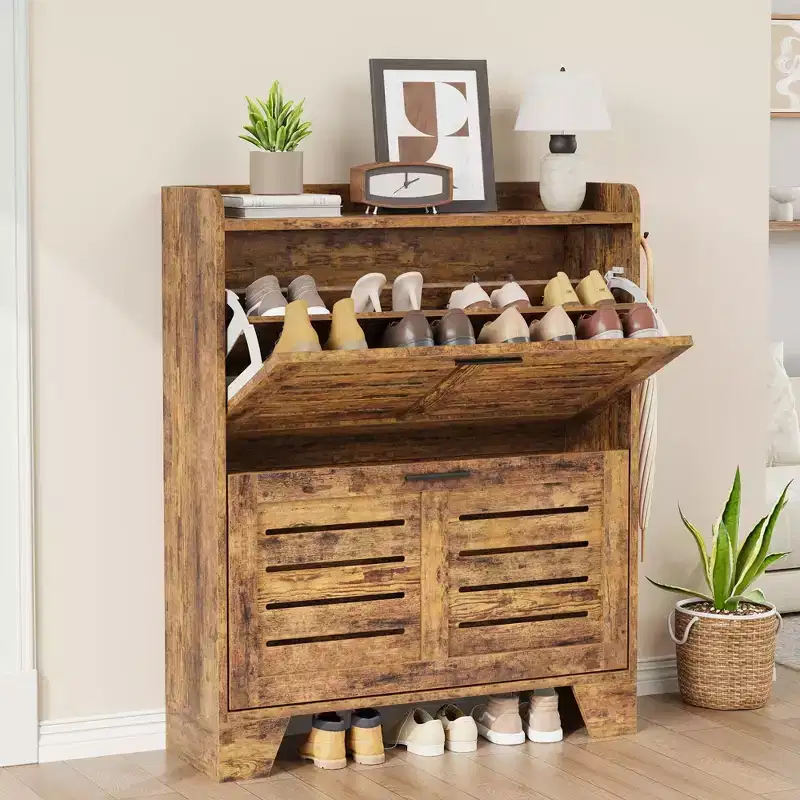Shoe Cabinet Storage for Entryway, Narrow Shoe Cabinet with 2 Flip Drawers, Freestanding Hidden Slim Shoe Organizer Cabinet with Hooks
