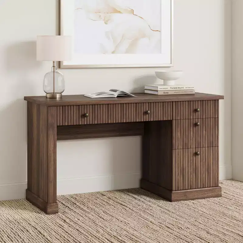 Modern Fluted Executive Desk 54  Wooden Writing Computer Table with File Drawers, Storage Cabinet & Charging Station  Home Office or Small Spaces