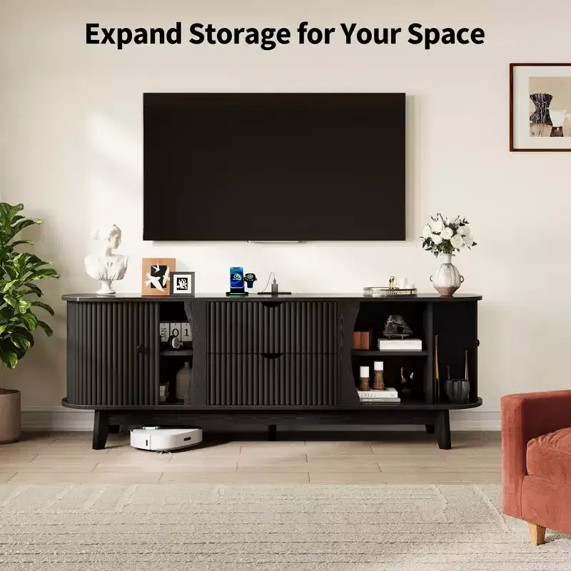 63 Mid-Century Modern TV Stand with Power Outlet - Walnut Entertainment Center with 2 Drawers and Adjustable Shelves