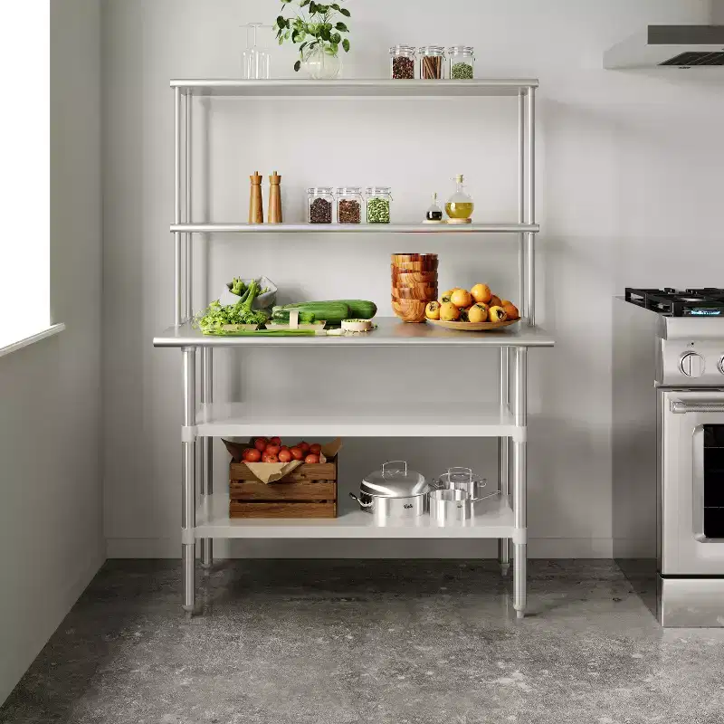 Flash Furniture Rawcliffe Portable Prep and Work Table with 18 Gauge Stainless Steel Top Shelf and Double Overshelves, 2 Galvanized Steel Undershelves