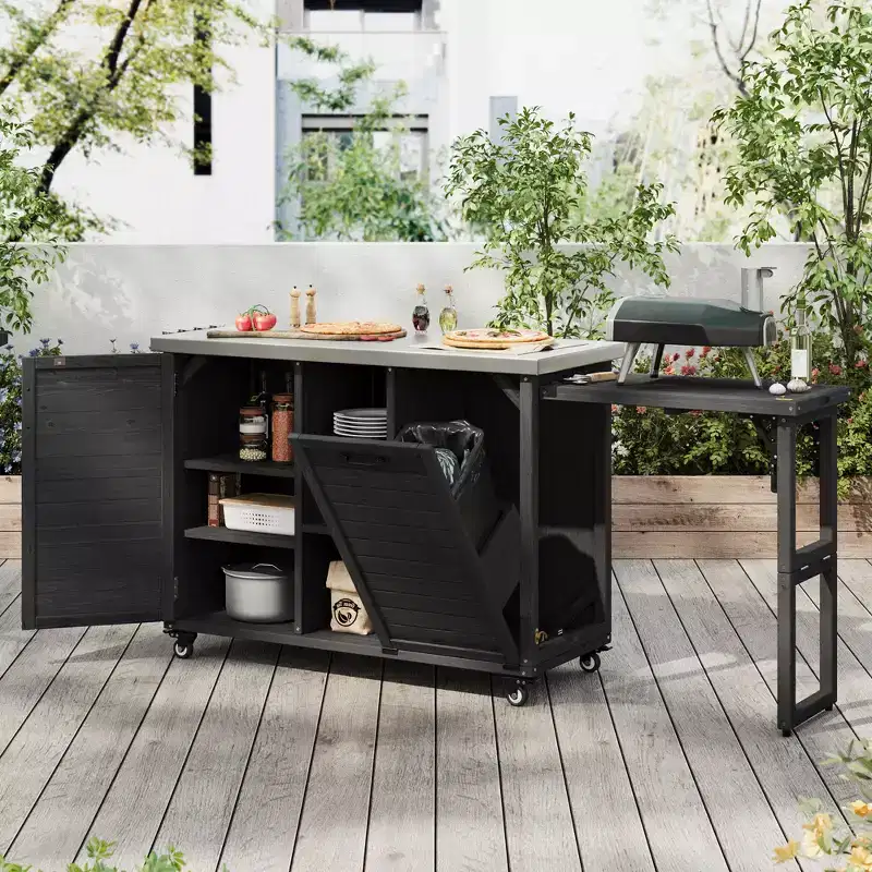 78.3-Inch Outdoor Kitchen Island with Stainless Steel Countertop, Foldable BBQ Station, and Storage Cabinets, Black