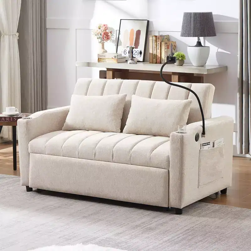 GDFStudio Christy 55.9 Convertible Sofa Bed Loveseat with USB Ports and Cup Holders
