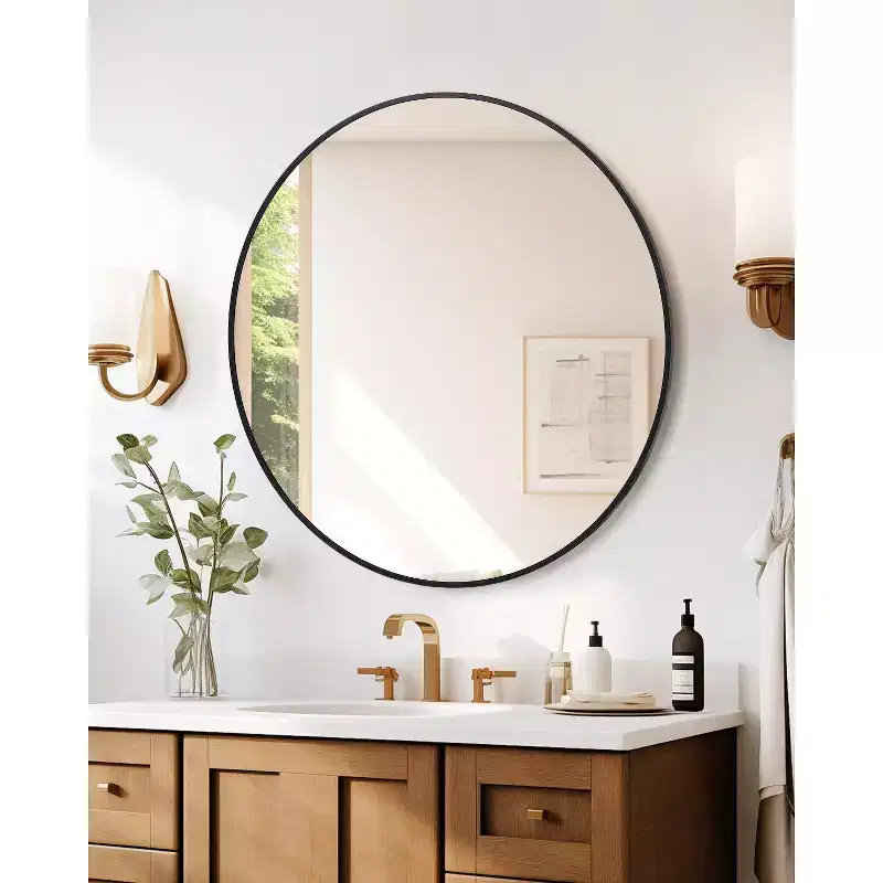 Metal Framed Bathroom Mirror  Rounded Rectangle, Matte Black, Farmhouse Vanity Mirror, Anti-Rust, Hangs Horizontally or Vertically