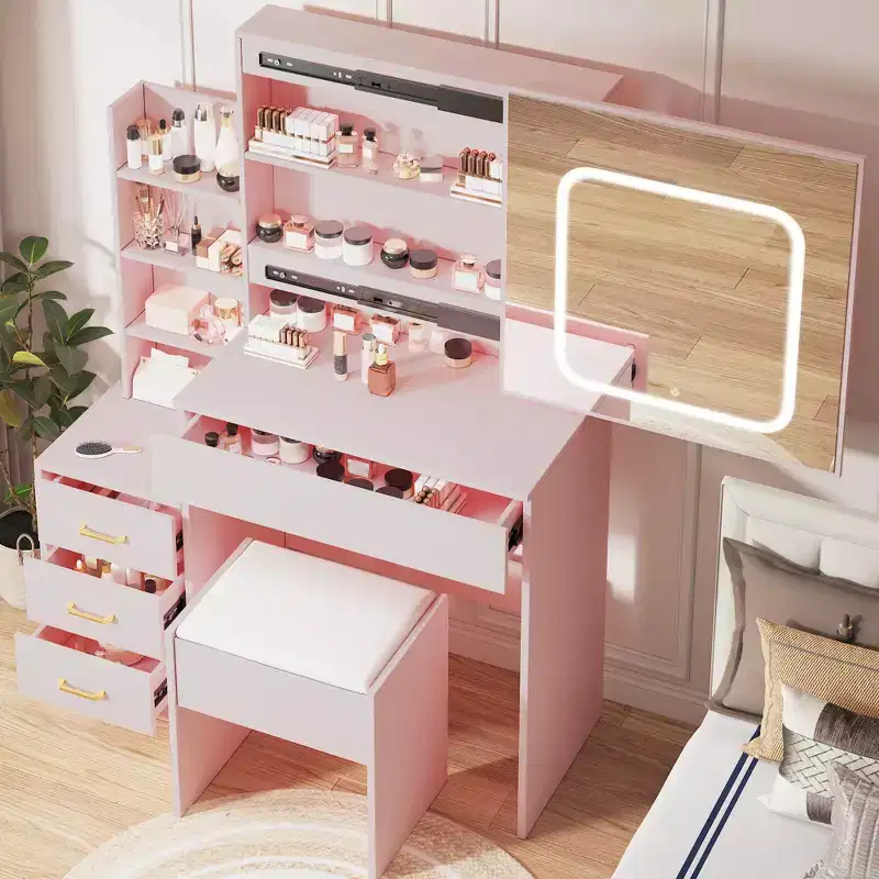 Vanity Set with Sliding LED Mirror, 4 Drawers, Power Outlet, Storage Shelves, Open Shelf, Cushioned Stool, Makeup Dressing Table for Bedroom, Pink