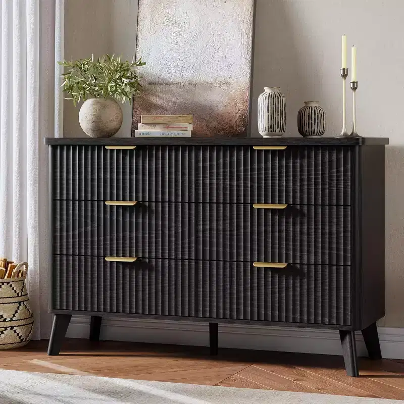 6 Drawers Dresser for Bedroom, 47.2 Wide Dressers with Curved Profile Design, Fluted Wood Drawers, Modern Chest of Dressers for Living Room