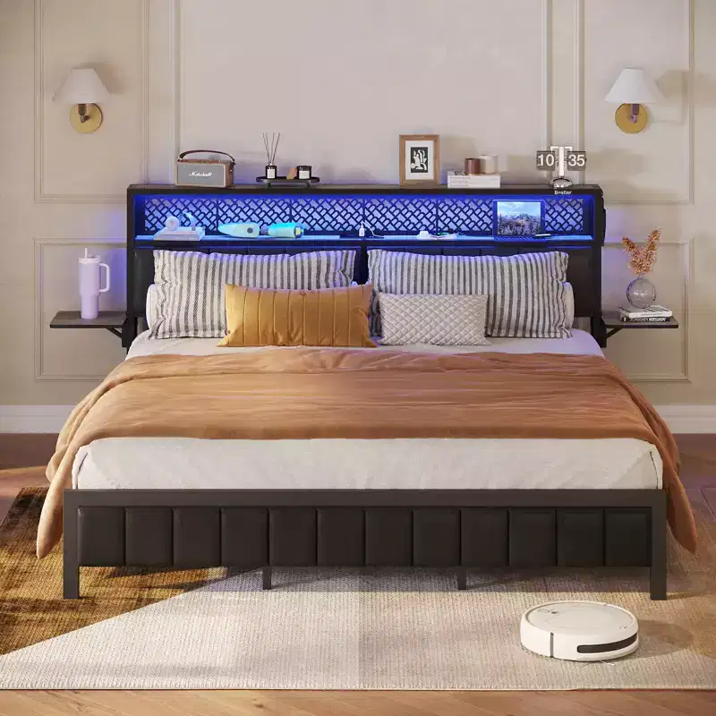 Bestier Full/King/Queen Size Bed Frame Upholstered Headboard Bed, LED Platform Bed with Foldable Trip Shelves & Storage Headboard Charge Station