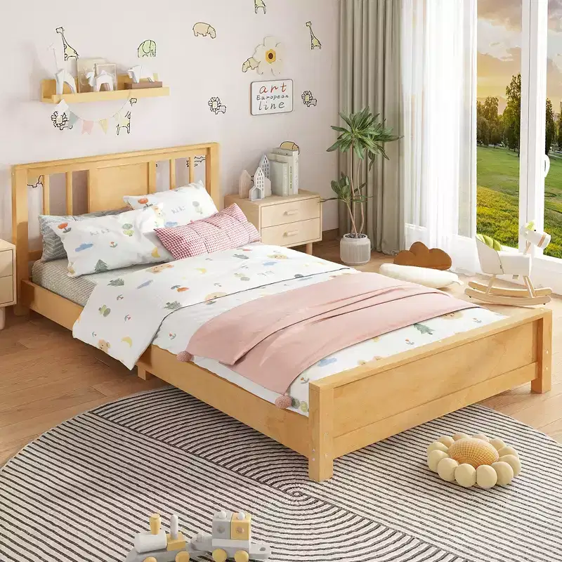Natural/White Twin Platform Bed with Headboard, Low Profile, 1-Person