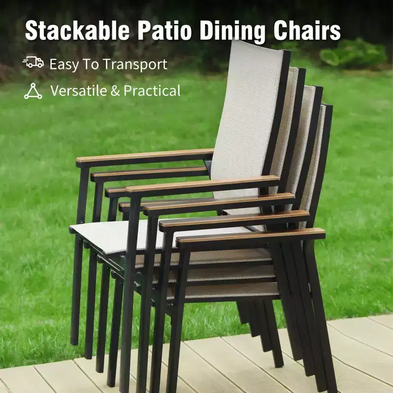 Captiva Designs 7pc Patio Dining Slat-top Rectangle Table & Textilene Chairs with Wood-like Armrests