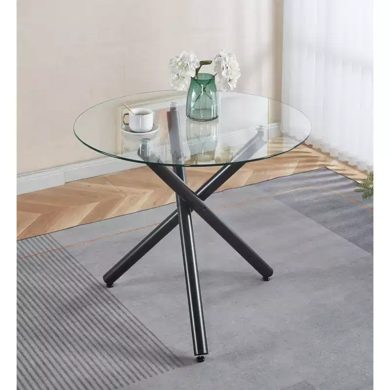 Round Dining Table with Black Metal Leg and Tempered Glass Top, Modern Space-Saving Design for Kitchen or Living Room