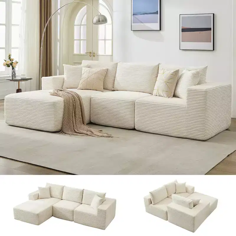 108 Modern Sofa Couch, 3 Seater Upholstered L Shaped Sofa with Pillows, Deep Seat Sofa, No Assembly Required