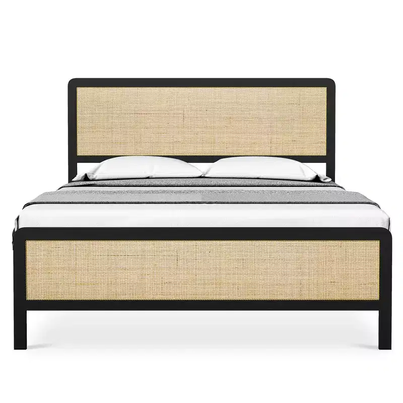 Bed Frame With Rattan Headboard/Footboard, Platform Bed Frame, Mid Century Modern Bed Frame/No Box Spring Needed/Easy Assembly/Noise-Free