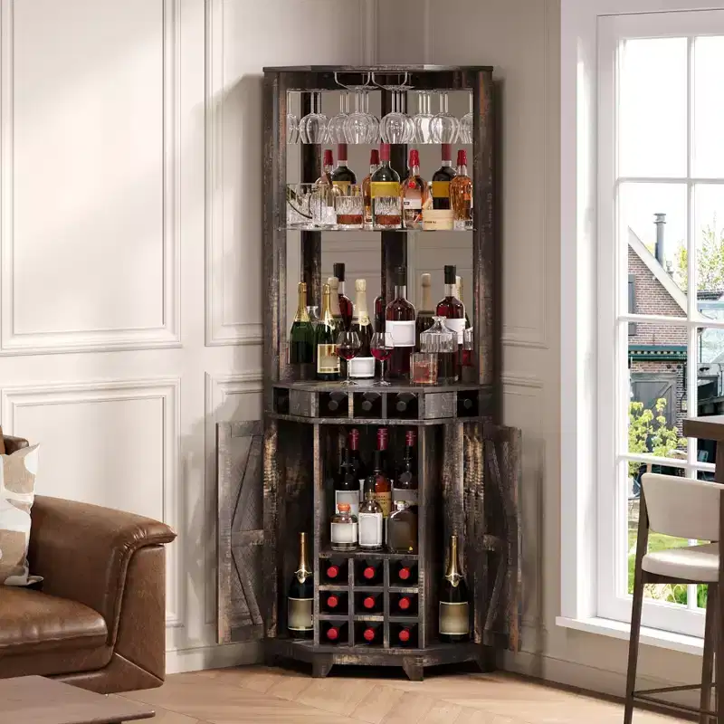 Corner Bar Cabinet with Wine Rack, 72 Tall Wine Cabinet with Acrylic Mirror & Glass Rack, Wooden Liquor Display Cabinet for Dining Room Kitchen