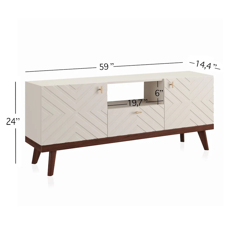 Mid-Century Modern TV Stand Console with Drawer, Beige, Fits TVs up to 65 in, Wood Legs