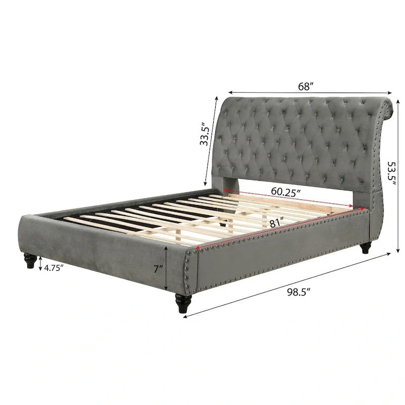 Gray Velvet Button Tufted Nailhead Sleigh Bed – Queen / King