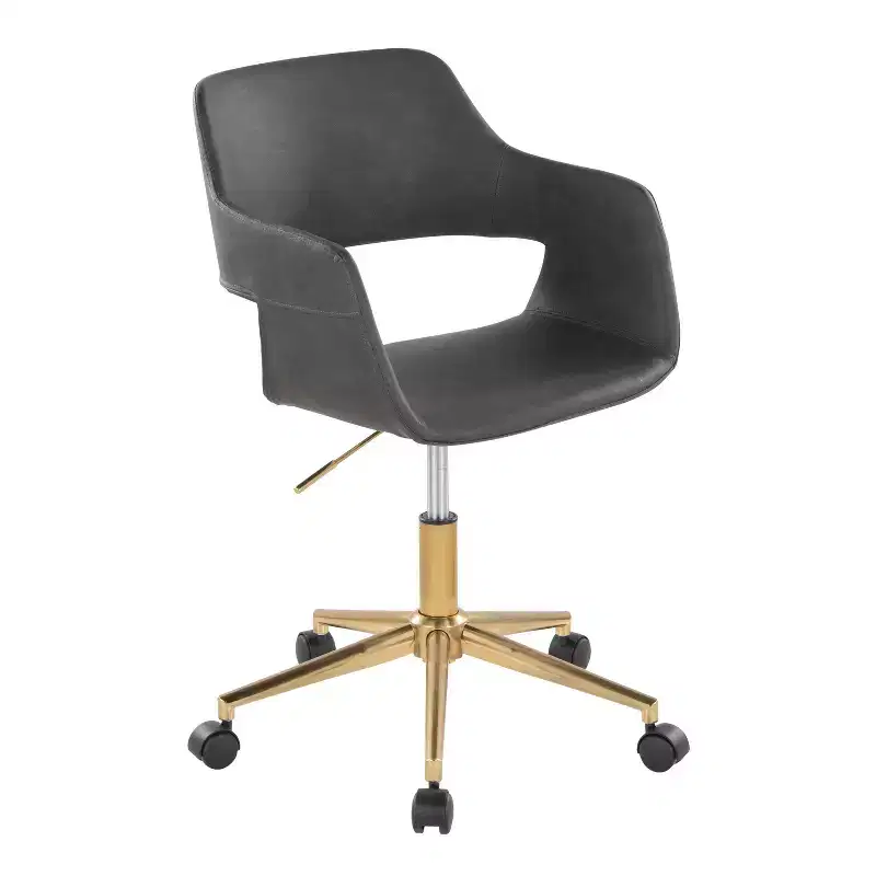 Adjustable Task Chair, Gold Metal Base, Gray PU Leather, Swivel, 250LBS Home Office