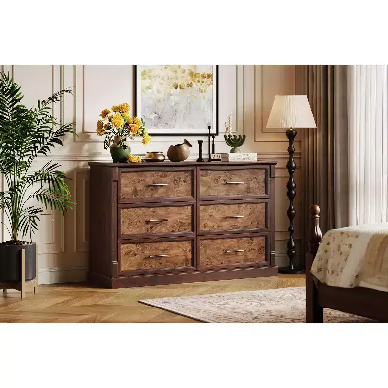 Farmhouse 6 Drawer Dresser, Rustic Wood Chest of Drawers with Metal Handles, Large TV Stand Storage Dressers for Living Room Nursery Bedroom