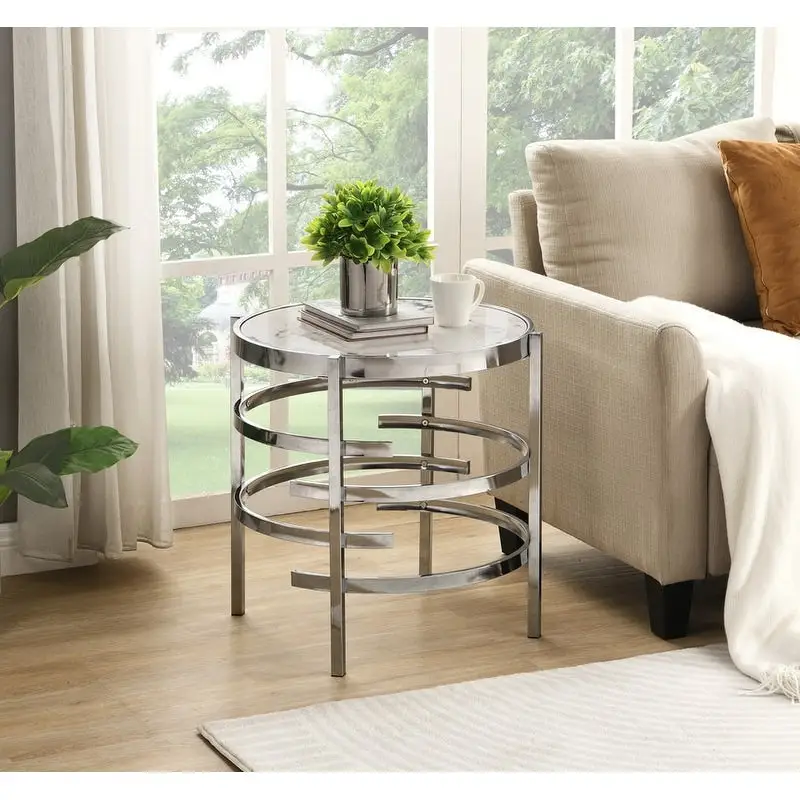 Round End Table with Sintered Stone Top and Metal Frame