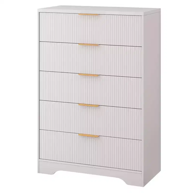 Fluted 5 Drawer Dresser for Bedroom, 47 Tall Modern Chest of Drawers with Gold Metal Handles, Wood Bedroom Dresser