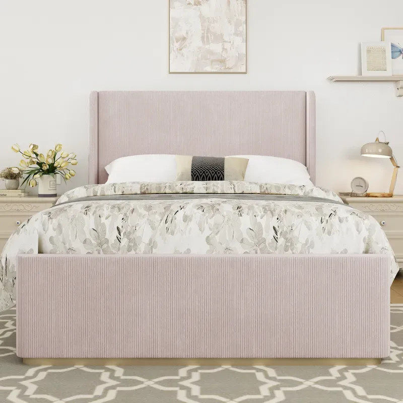 King Size Corduroy Upholstered Bed with 47 Wingback Headboard & Metal/Wood Frame (No Box Spring Needed)