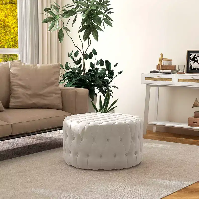HOMCOM Tufted Ottoman, Velvet-feel Upholstered Foot Stool with Padded Seat, Round Ottoman Coffee Table for Living Room, Bedroom