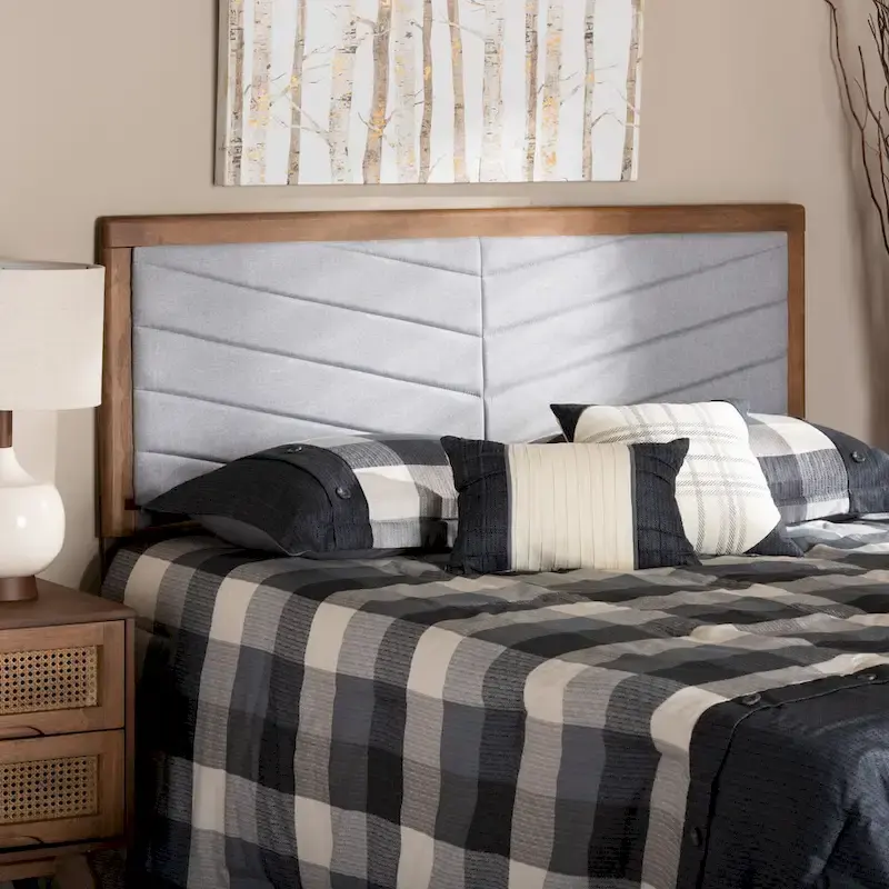 Upholstered Wood Headboard with Chevron Tufting - Light Grey