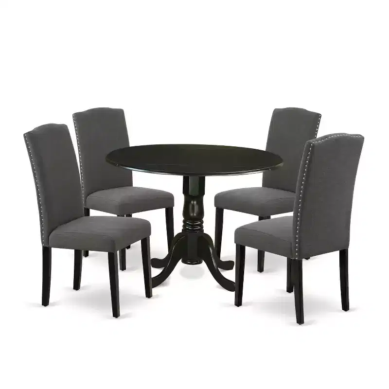 HomeStock Belmont 5 Piece Dining Set Round Dining Room Table with Dropleaf and 4 Dark Gotham Linen Fabric Upholstered Parson Chairs, 42x42 Inch, Black