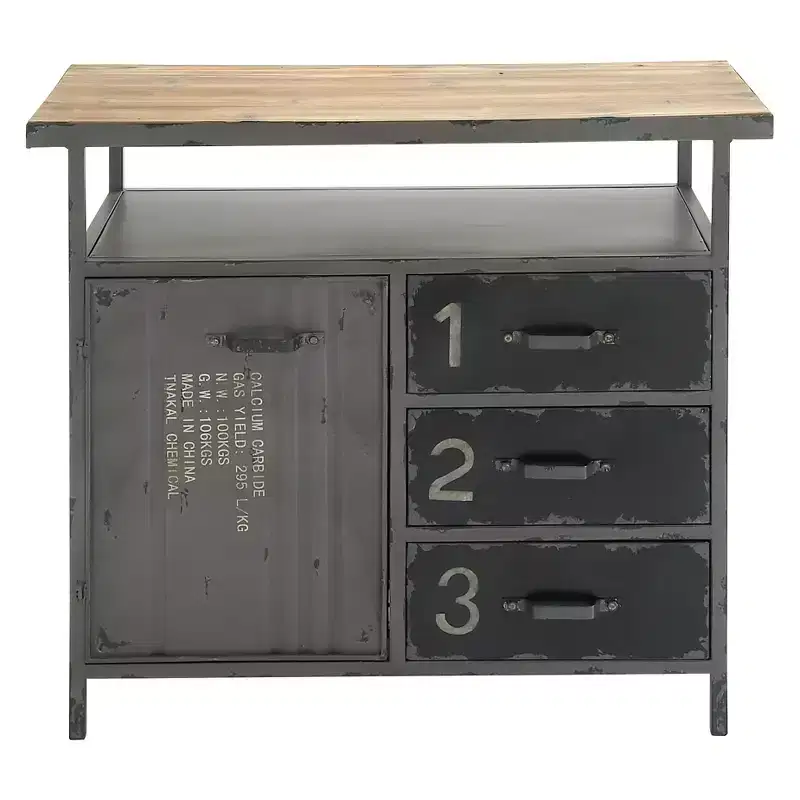 Olivia & May Metal Utility Cabinet with Wood Top Steel Gray: Industrial Style, Iron Frame, 3 Drawers, 2 Doors, No Assembly Required