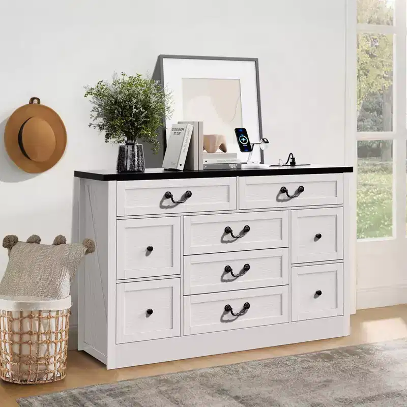 9 Drawer Dresser with Charging Station, 54 Wide Wood Dresser with Metal Handle, Vintage TV Stand, Chest of Drawers