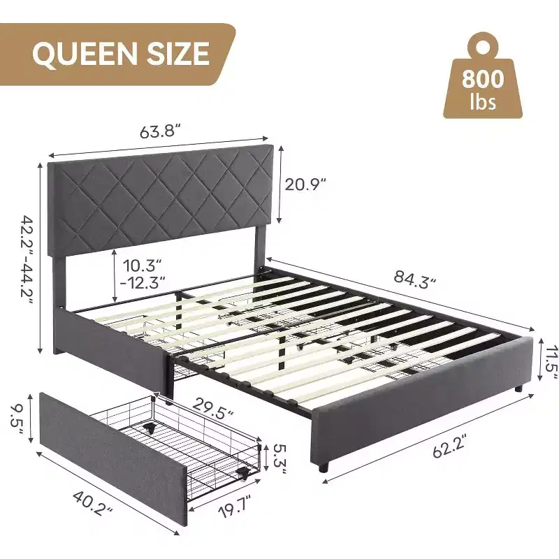 Grey Velvet Queen Platform Bed – Adjustable Headboard & 4-Drawer Storage, for 1