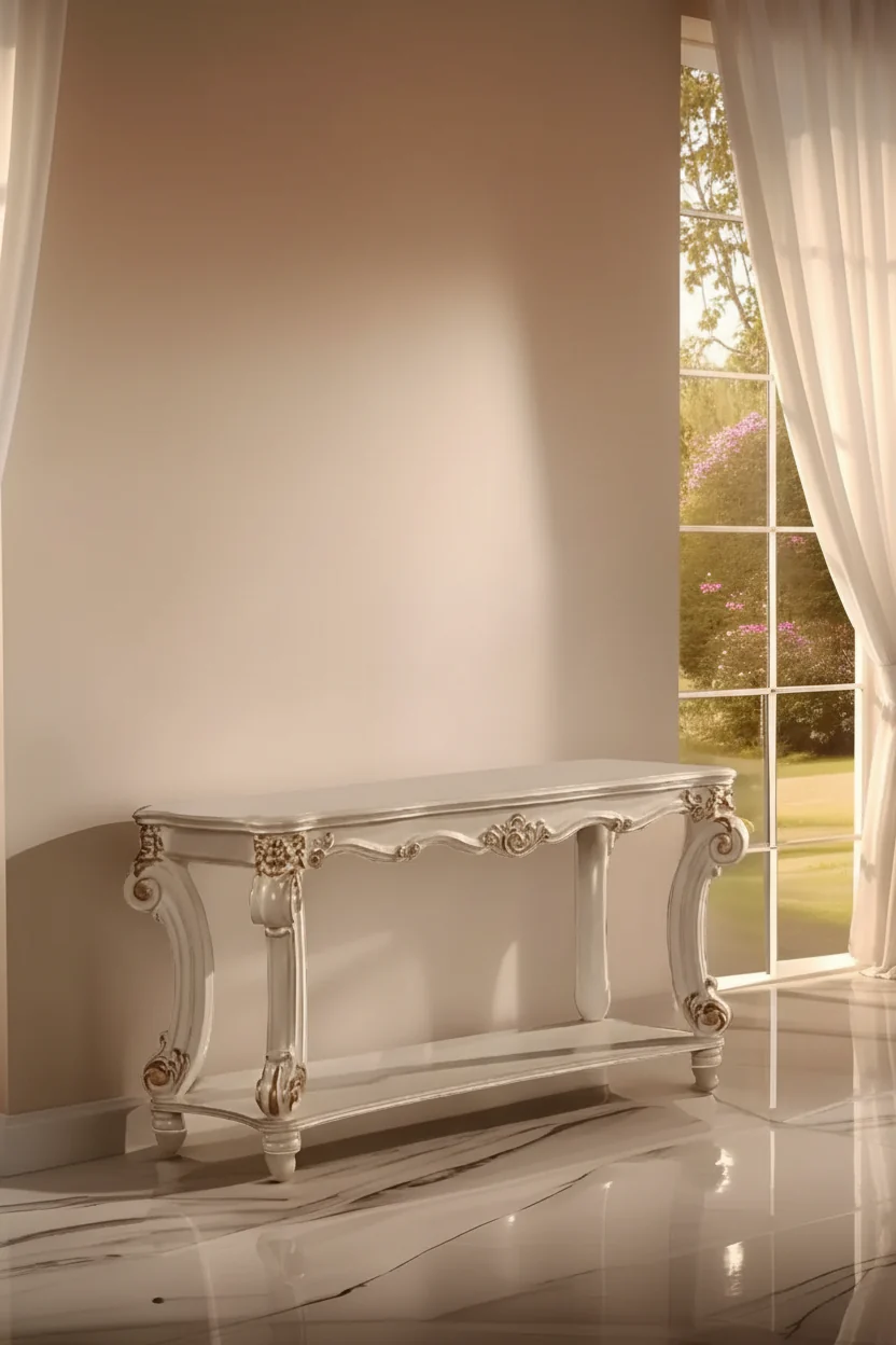 58 Inch Sofa Console Table, Classic Scrolled Legs, Brushed Gold, Shelf