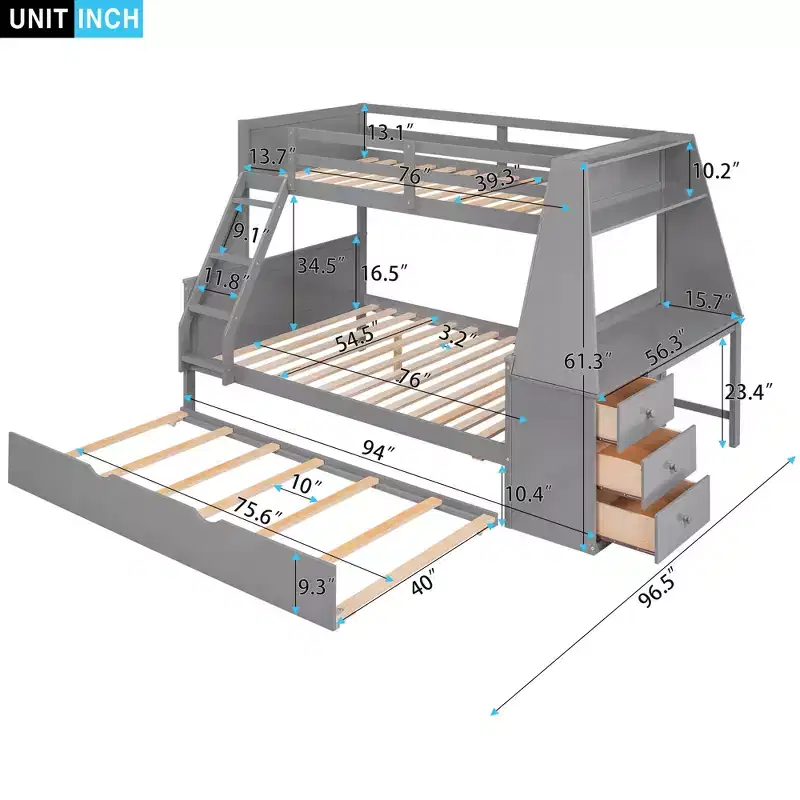 Twin over Full Bunk Bed with Trundle and Built-in Desk, Wooden Bunkbed Frame with Storage Drawers and Shelf for Kids Teens Bedroom