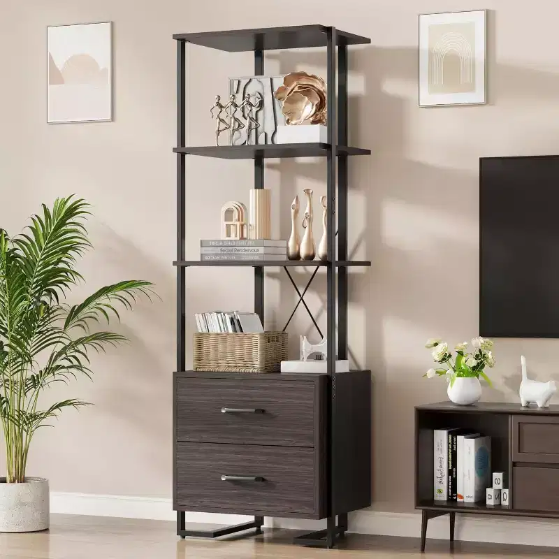 4 Shelf Bookcase with Storage Drawers, 70.9 Inch High Open Display Shelf for Living Room, Bedroom, Office