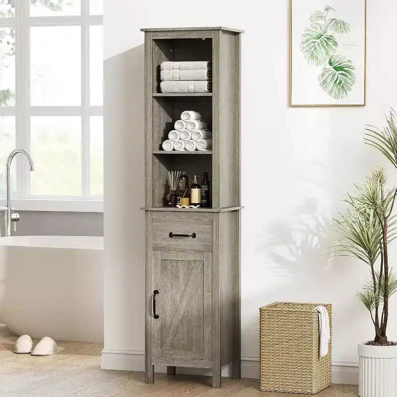 Slim Bathroom Storage Cabinet with Adjustable Shelves, Farmhouse-Style Narrow Bookcase for Organizing Bathroom and Living Room Essentials, Grey