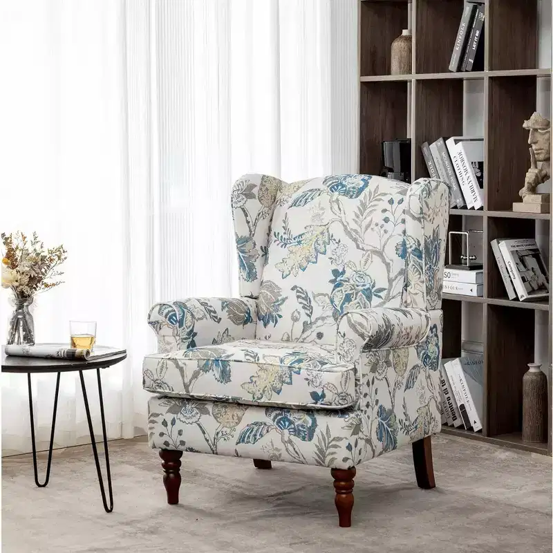 Blue Floral Print Upholstered Accent Armchair, Solid Wood Frame, High-Density Foam, 350 lb