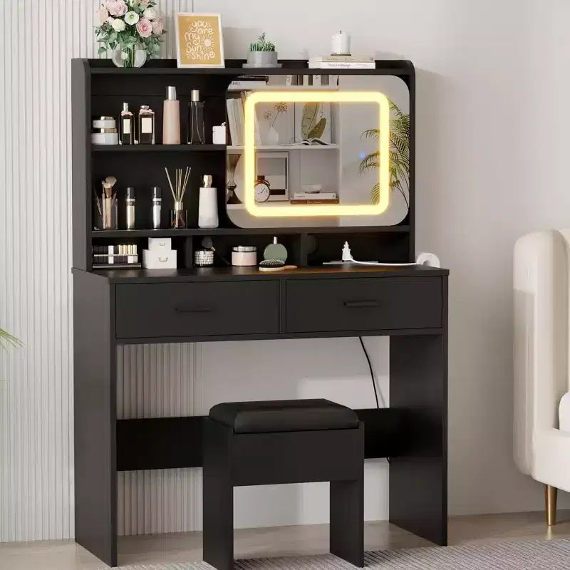 Vanity Desk with Sliding Mirror, Makeup Desk and Stool with Lights in 3 Colors, Girls Vanity Table with Charging Station