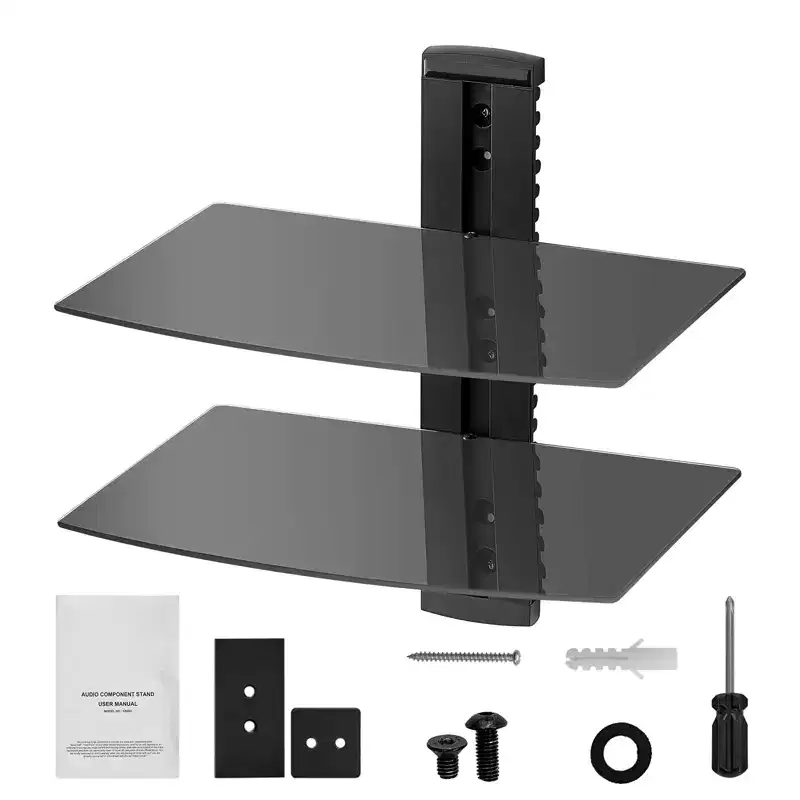 Glass Floating Shelves – Holds up to 18 lbs, TV Wall Mount with Shelf