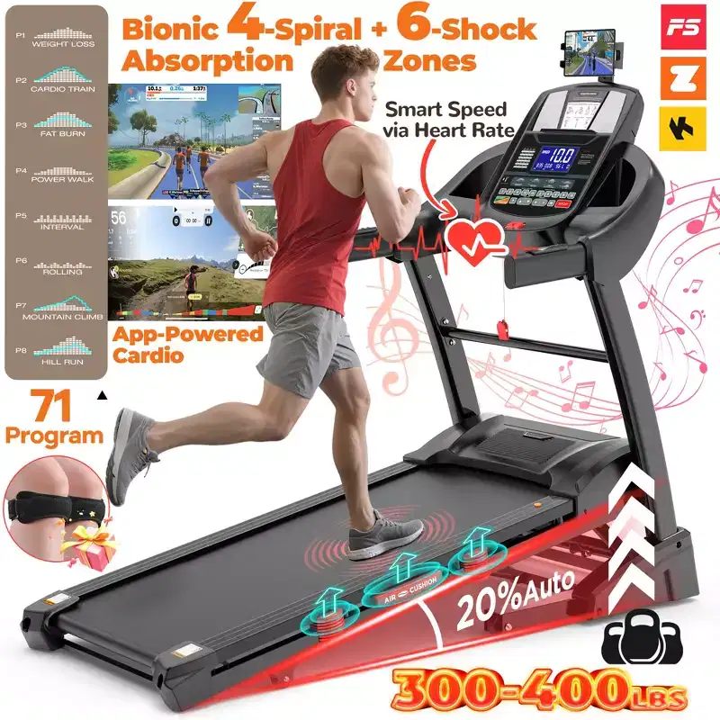 20% Auto Incline Treadmill 5.1HP for Home,Foldable Treadmill w/ 300LB Capacity,Dual HiFi Speaker,App Control w/ Virtual Running, 71 Programs Treadmill