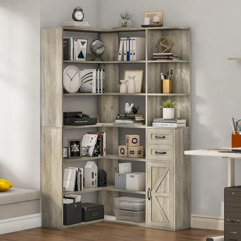 7-Shelf Corner Bookshelf L-Shape Bookcase Large Storage Shelf Display