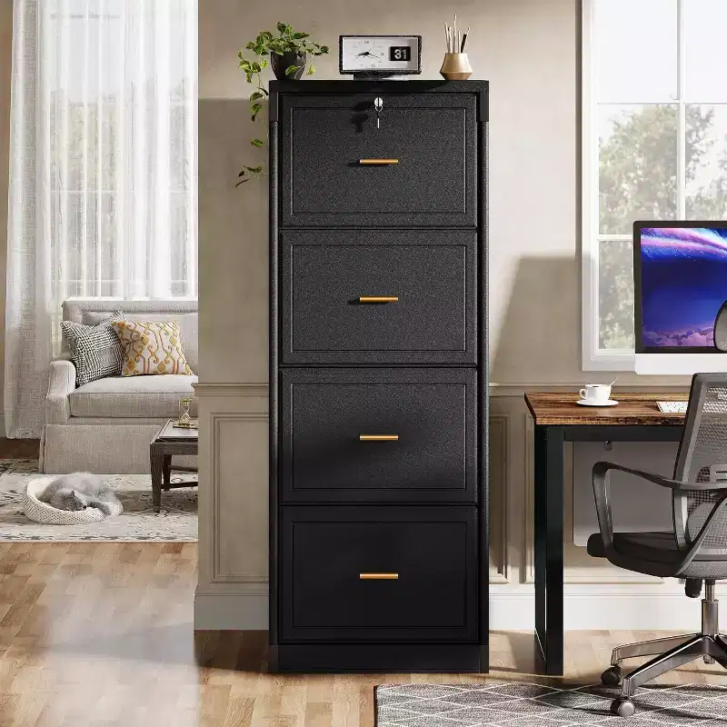 4-Drawer File Cabinet with Lock and Key, Tall Wooden Vertical Filing Cabinet for Legal/Letter/A4 Files, Home Office Storage, Black