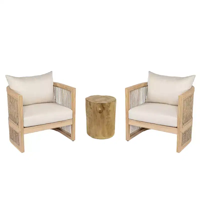 Christopher Knight Home Capheny Boho Patio 3 Piece Acacia Wood Woven Rope Chat Set with Lightweight Concrete Side Table