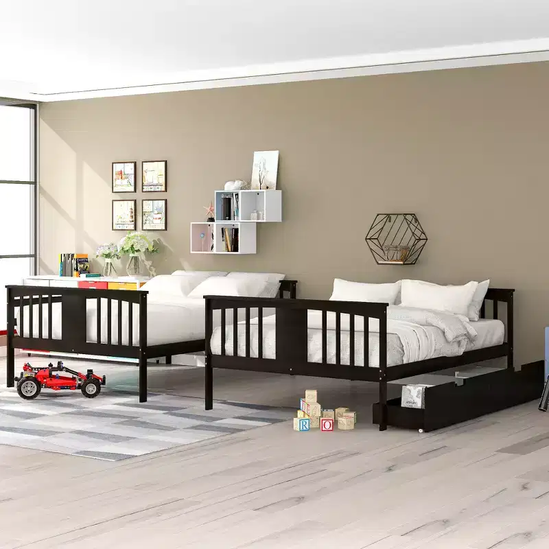 Full Over Full Bunk Bed with Storage Drawers and Ladder, Convertible Wooden Bunk Bed for Kids, Teens and Adults, White/Gray/Espresso - ModernLuxe