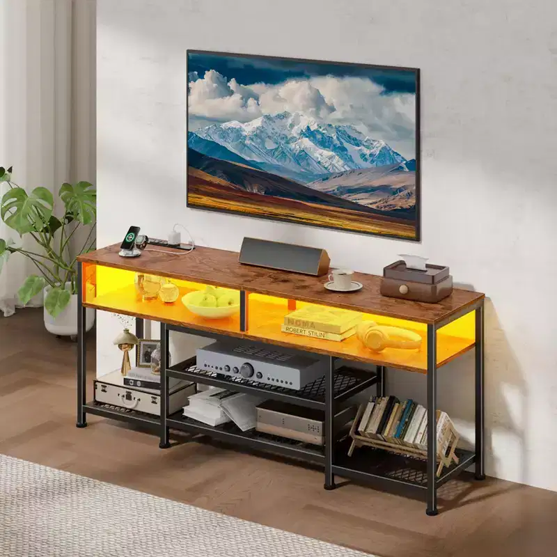 55 Inch Brown TV Stand with Charging Station LED Lights Entertainment Center for TVs up to 60 Inch Media Console Storage Shelves Living Room Bedroom