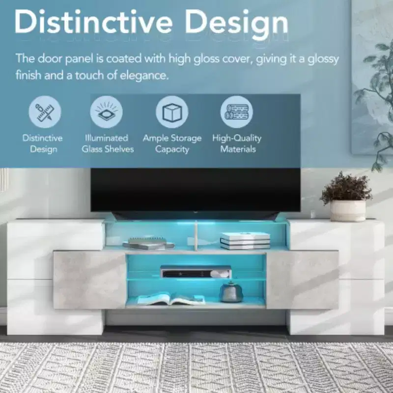 88'' TV Stand with 2 LED-Illuminated Shelves, High Gloss Entertainment Center, Color-Changing LED Cabinet for Living Room