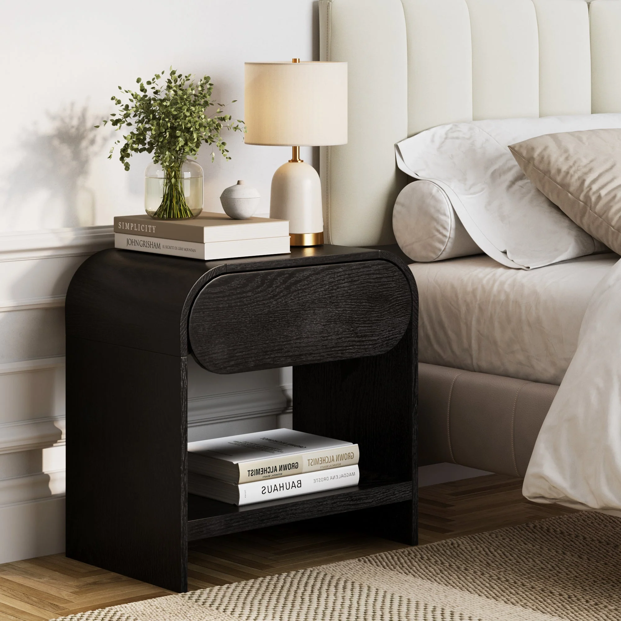 Mid-Century Wood Arched Nightstand Black Oak