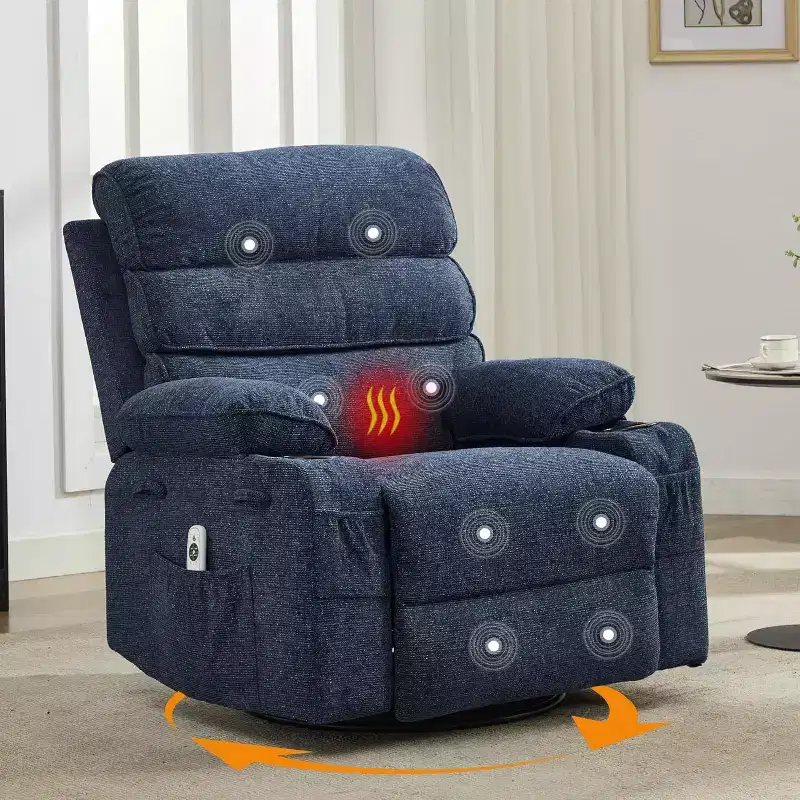 Massage Rocker Recliner with Heating, 360 Swivel Glider Recliner Chairs for Adults, Linen Nursery Chair with Side Pocket, Two Cup Holders