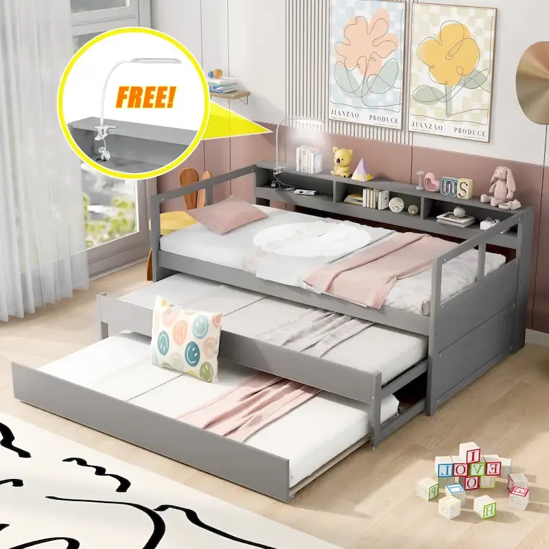Twin XL Daybed with Trundles, Shelves & USB