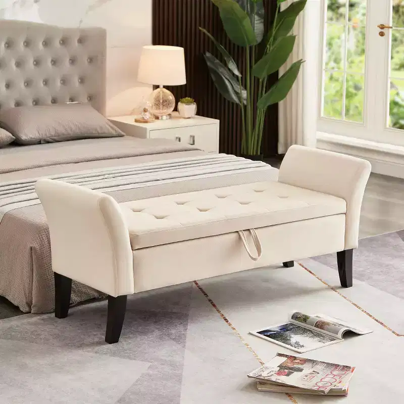 51.5'' Upholstered Storage Ottoman Bench With Arms Tufted Bed Bench Entryway Bench With Storage Velvet End Of Bed Bench, Beige